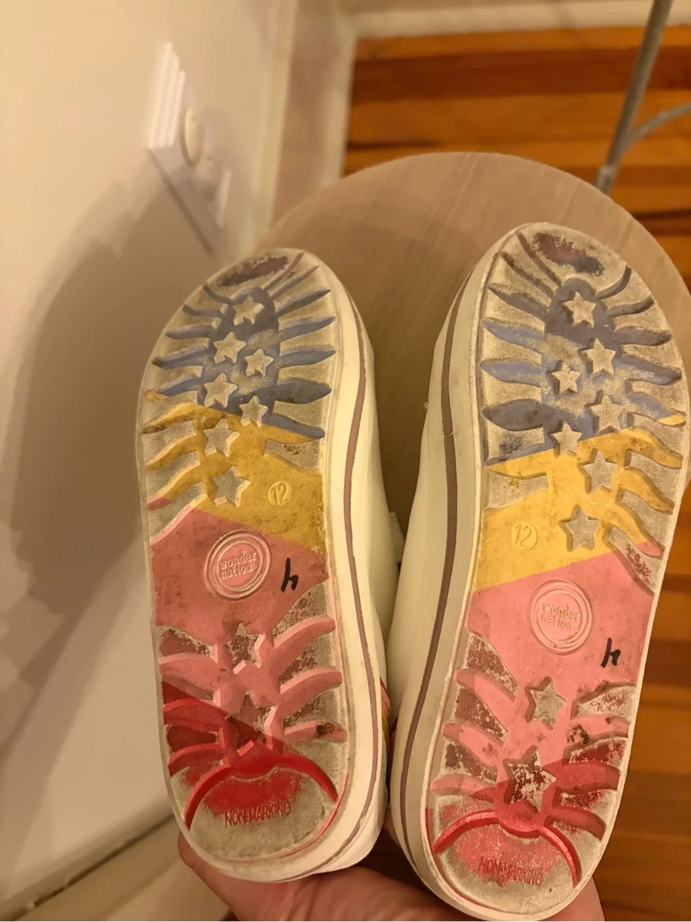 12 little girls sneakers no tie easy slip on white with rainbow detail